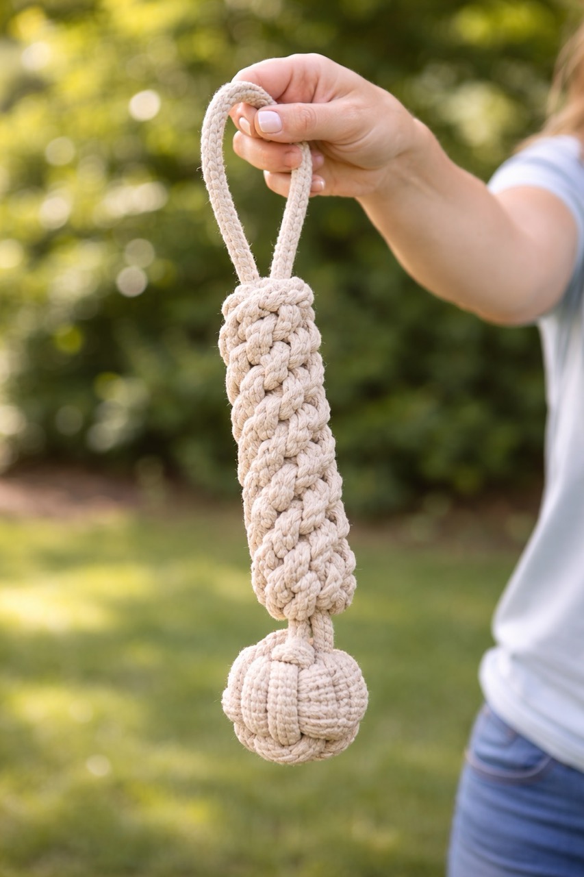 Handheld rope dog toy in warm sunlight